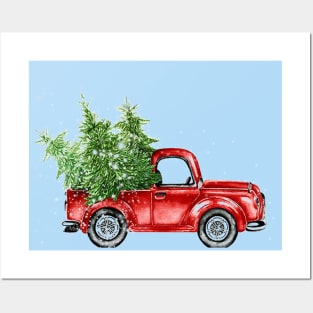 Red Truck Christmas Trees Posters and Art